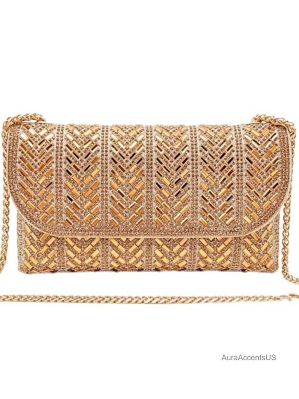Rhinestone Clutch Evening Bag Studded Flap Chain Strap Faux Leather Party Purse